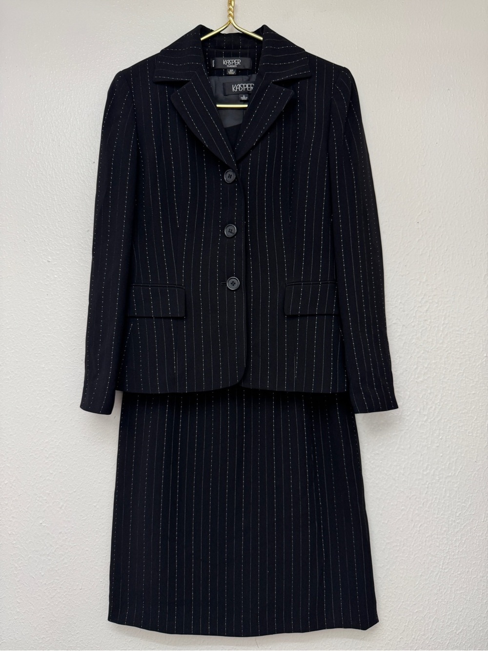 Kasper Two Piece Black Pinstripe Blazer and Skirt Set Size 6P